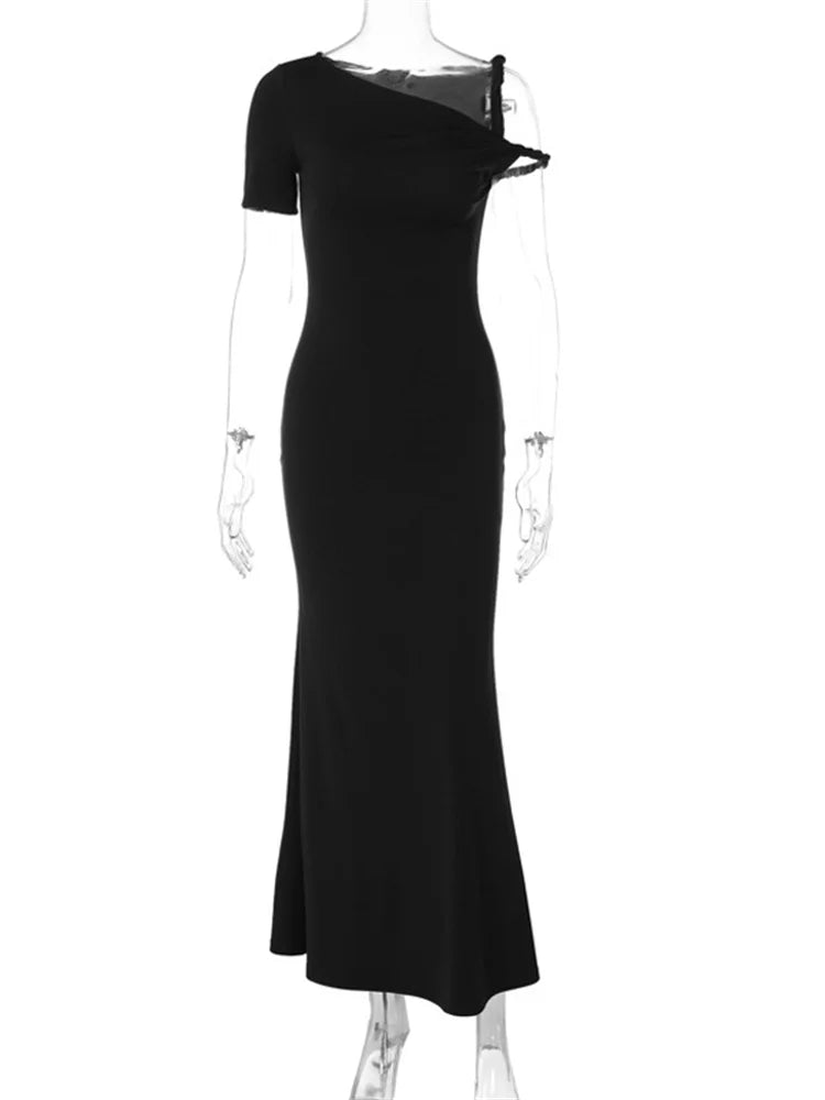 Black Long Dress Female Slim High Waist Off-shoulder Evening Partywear Dress One-shoulder Maxi Dress