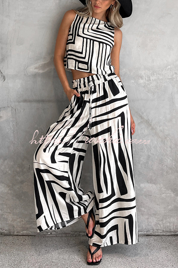 Striped Printed Sleeveless Top and Elastic Waist Loose Pocket Wide-leg Pants Set