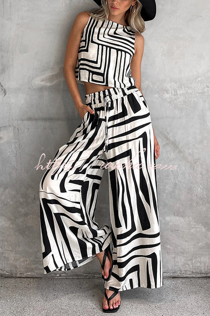 Striped Printed Sleeveless Top and Elastic Waist Loose Pocket Wide-leg Pants Set