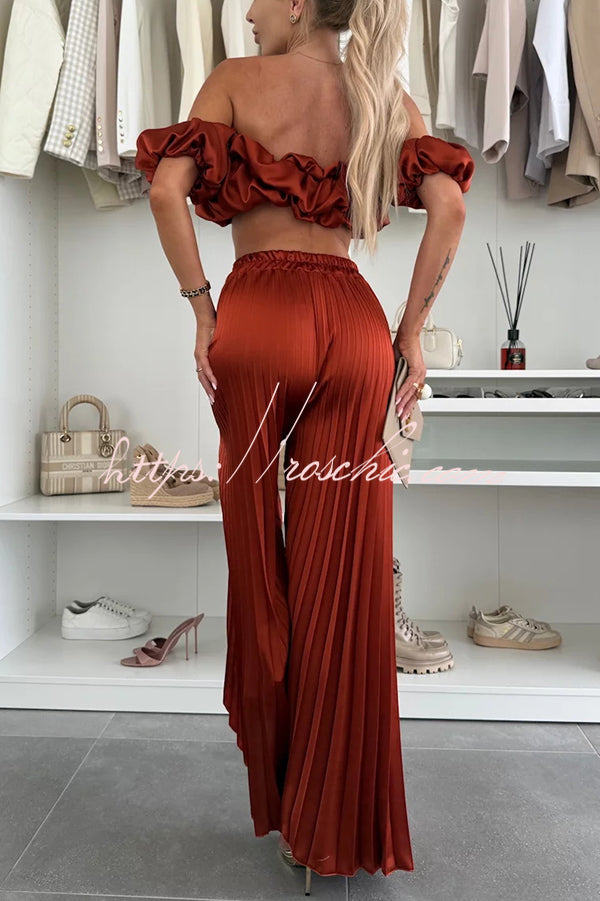 Jorie Satin Off Shoulder Puff Sleeve Crop Top and Elastic Waist Pleated Wide Leg Pants Set