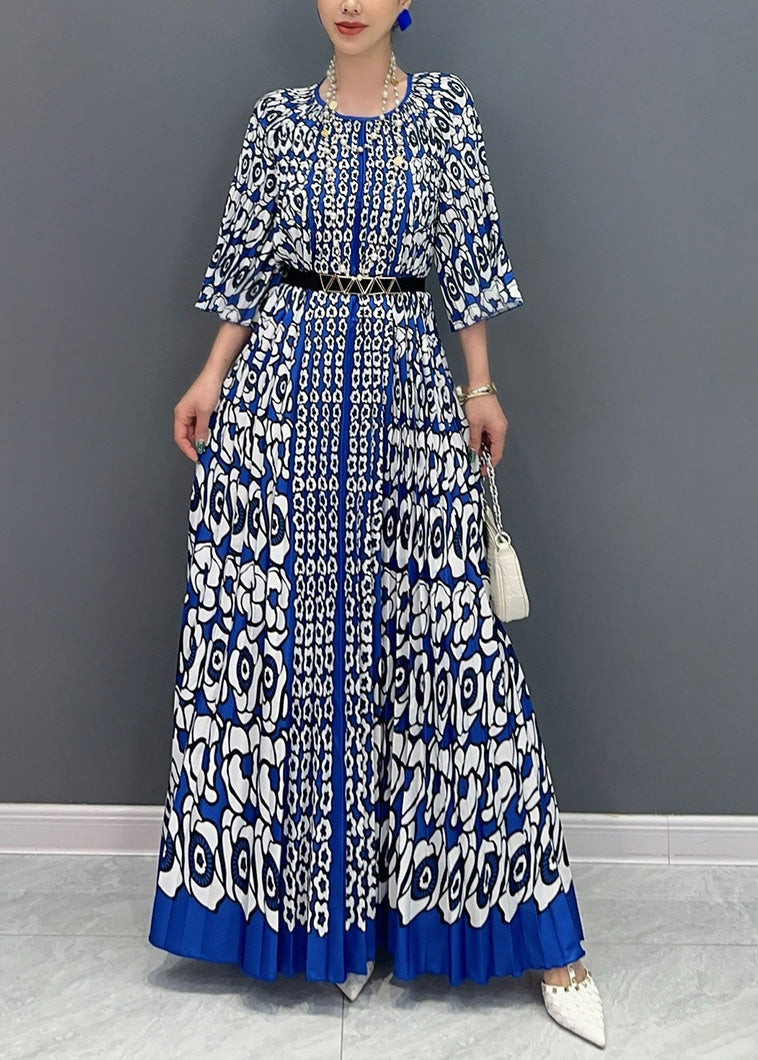 French Blue O Neck Print Wrinkled Long Dress Bracelet Sleeve Ao1004