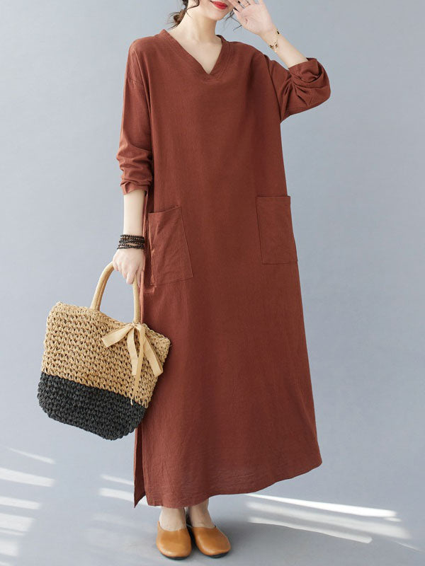 A-line Long Sleeves Pockets Color Split-side V-neck Maxi Dresses