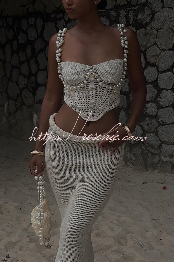 Kala Crochet Knit Braid Waist Slit Stretch Maxi Skirt
