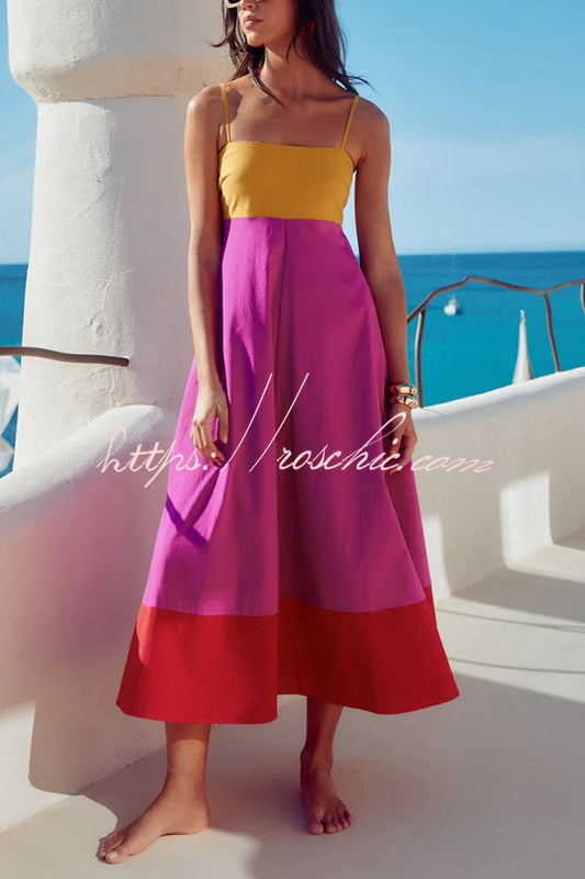 Splicing Sling Back Pleated Holiday Style Midi Dress