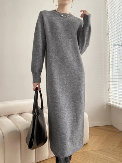 Urban Loose Long Sleeves Color Round-neck Sweater Dresses