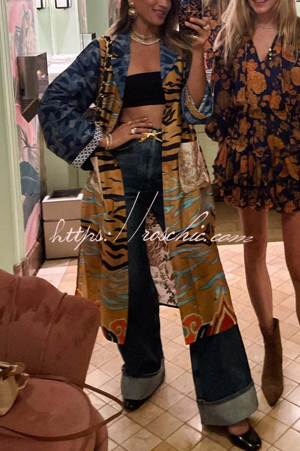Tropical Jungle Tiger Unique Print Long Sleeve Belt Pocketed Kimono Coat