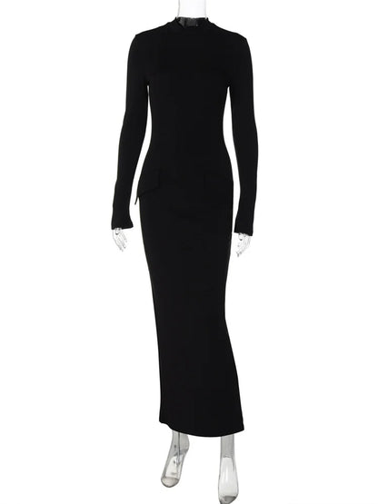 Female Maxi Dress High Waist Pocket Patchwork Skinny Commute Autumn Dress ’s Long Dress