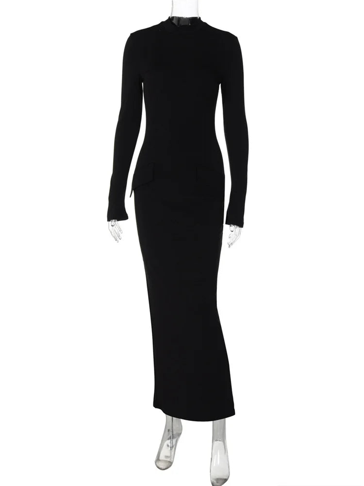 Female Maxi Dress High Waist Pocket Patchwork Skinny Commute Autumn Dress ’s Long Dress