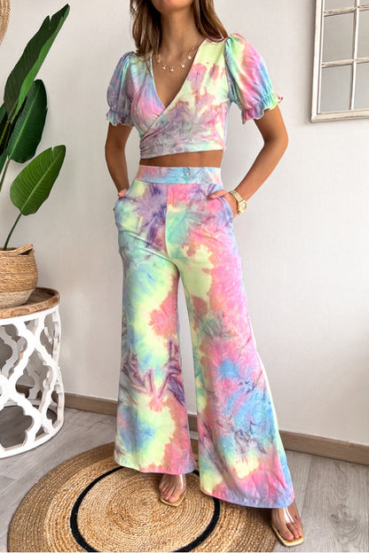 Print V Neck Short Sleeves Crop Top Elastic Waist Wide Leg Pants Set