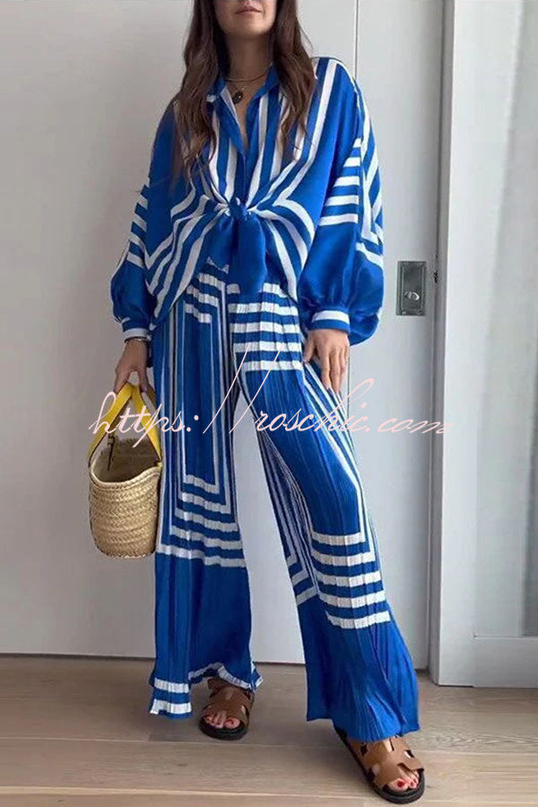 Vacation Attitude Geometric Print Oversized Shirt and Elasticated Wide Leg Pants