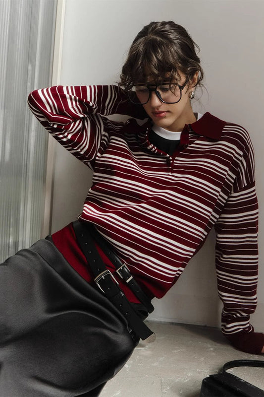 Striped Knit Polo Sweater