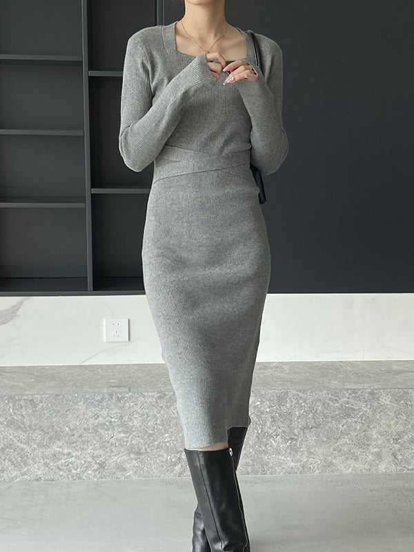 Simple Skinny Long Sleeves Color Square-neck Sweater Dresses