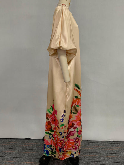 A-line Half Sleeves Elasticity Flower Print Split-front V-neck Maxi Dresses