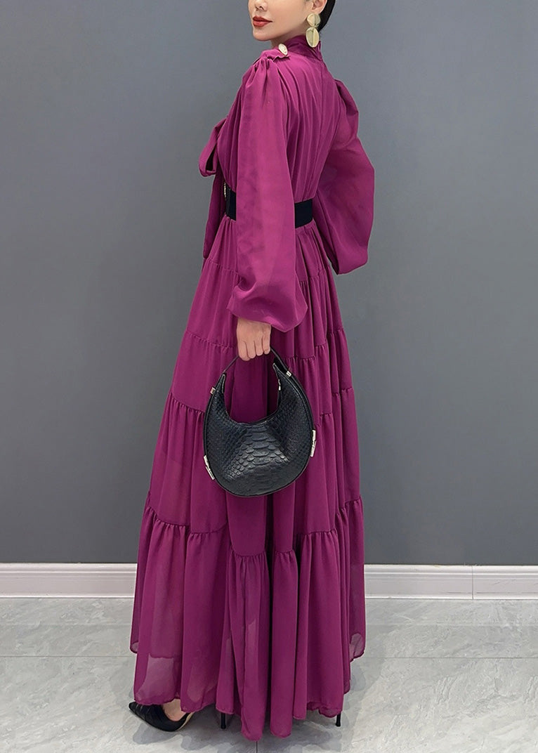 Purple V Neck Patchwork Party Chiffon Long Dress Fall Ao1040