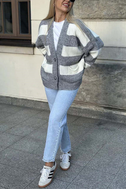V-neck Long-sleeved Striped Pocket Knitted Cardigan