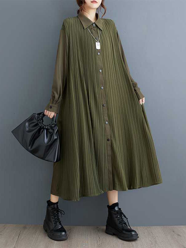 A-line Long Sleeves Buttoned Pleated Pockets Split-joint Lapel Midi Dresses Shirt Dress