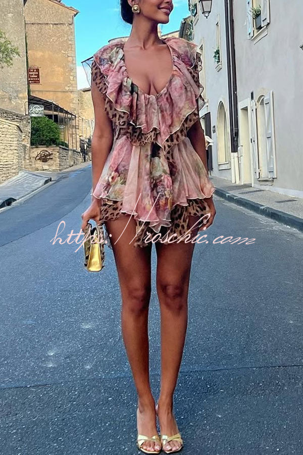 Dreamy Island Leopard Print Cutout Waist Tiered Ruffles Mini Dress