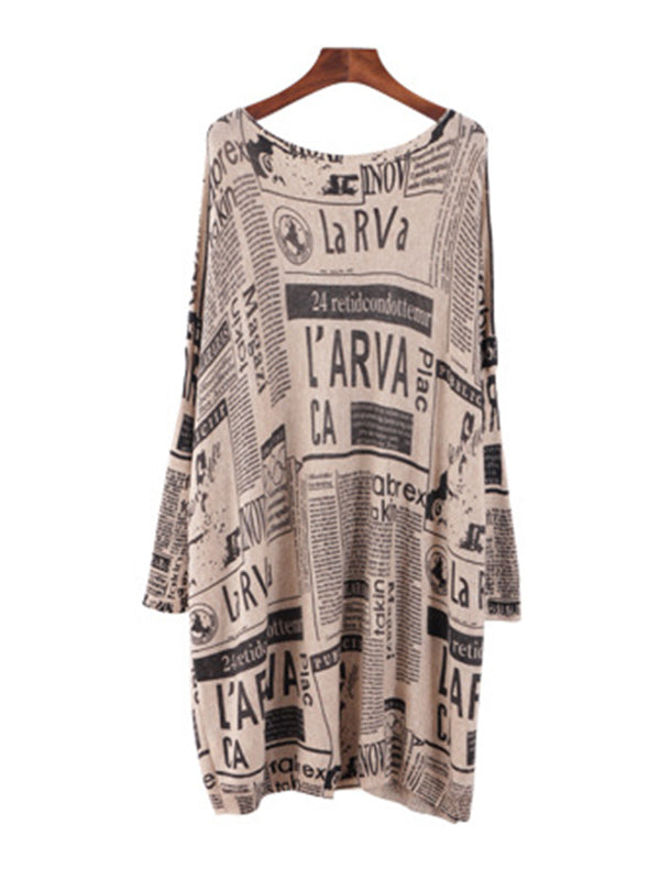 Loose One-shoulder Newspaper Printed Split-joint Sweater