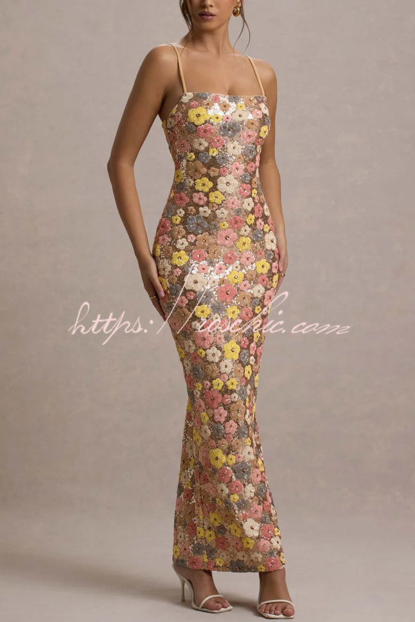 80's Inspired Print Sequin Square Neck Slip Stretch Maxi Dress