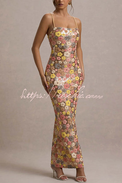 80's Inspired Print Sequin Square Neck Slip Stretch Maxi Dress