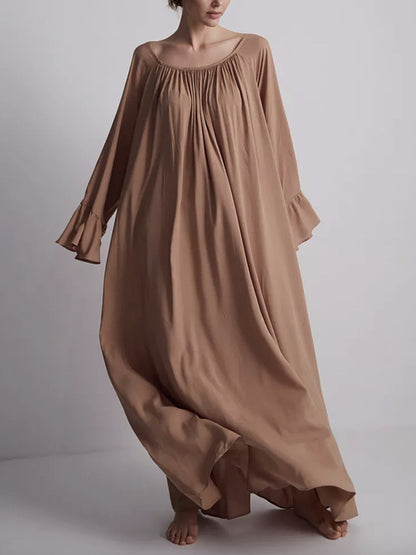 A-line Flared Sleeves Pleated Color Split-joint Round-neck Maxi Dresses