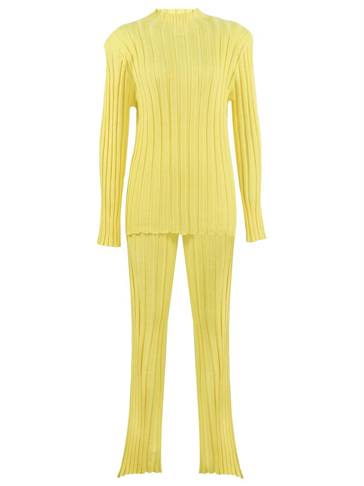 New Ribbed Outfits Knitted Long Sleeve Sweater Top and Pants 2 Piece Sets Loose Tracksuit Suit