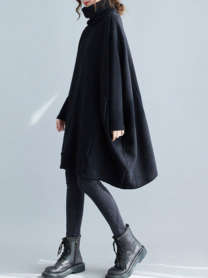 Loose Black Heaps Collar Pockets A-line Long Sleeve Sweater An1065