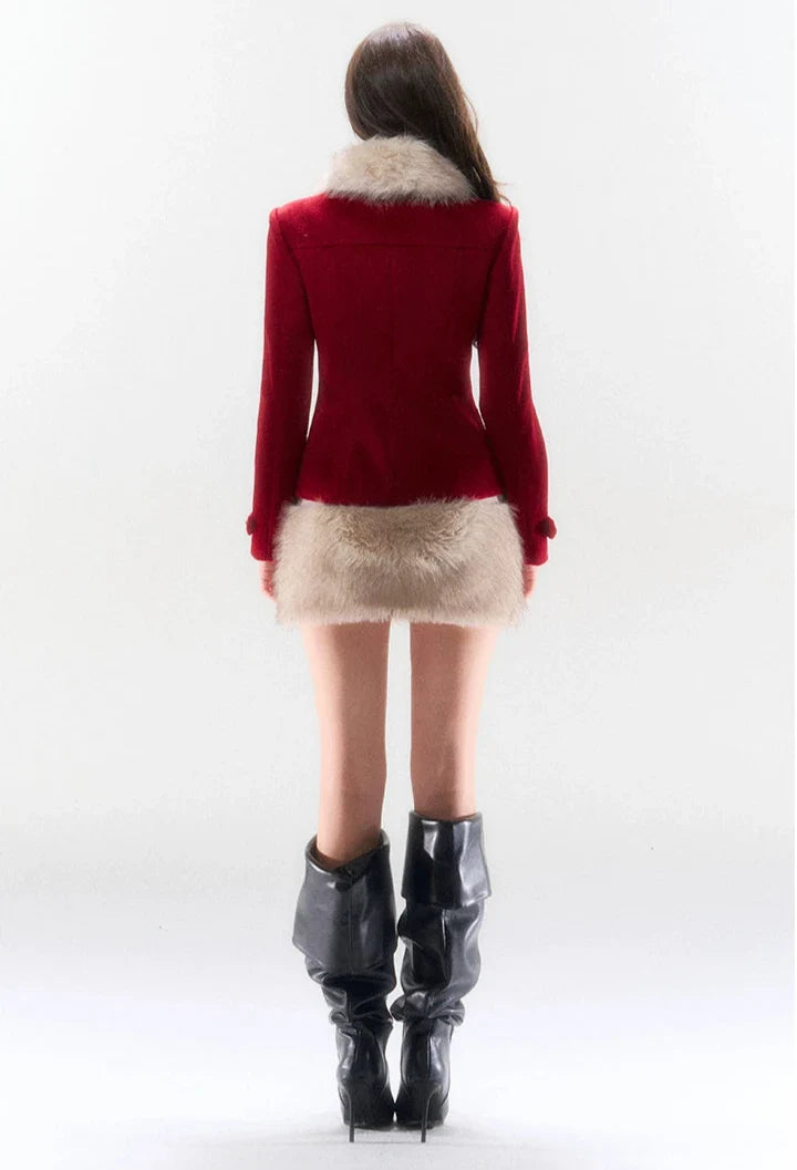 Red Double-breasted Coat and Mini Skirt Set