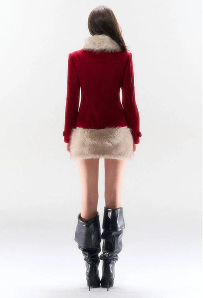 Red Double-breasted Coat and Mini Skirt Set