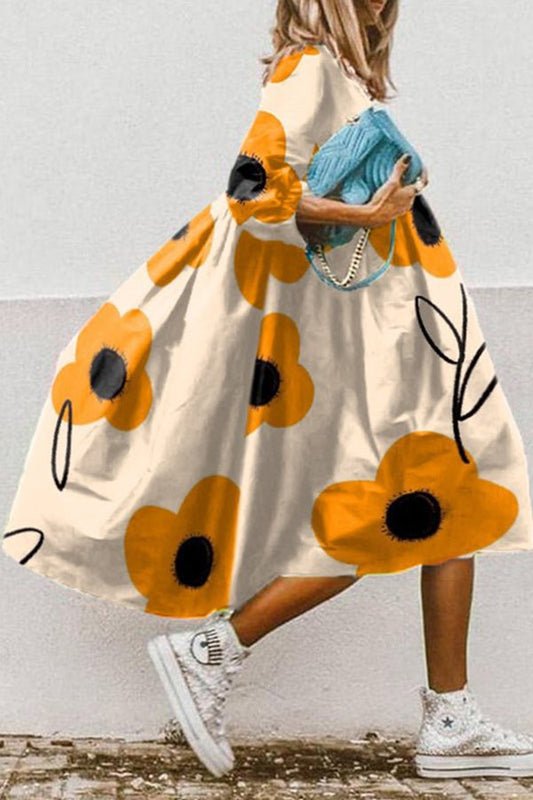 Print High Low Hem A-line Midi Dress