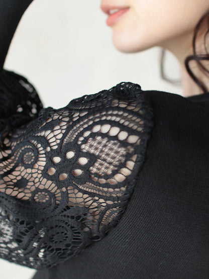 Tempermant Black Round-neck Patchwork Hollow Lace Long Puff Sleeves Sweater Qx011