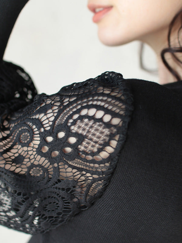 Tempermant Black Round-neck Patchwork Hollow Lace Long Puff Sleeves Sweater Qx011
