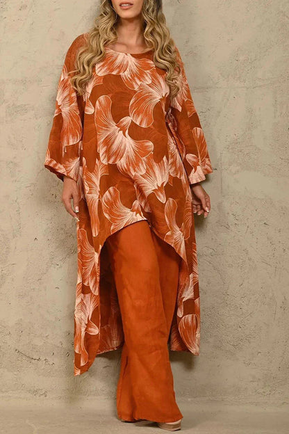 Exquisite Print Crew Neck Paneled Pant Suit