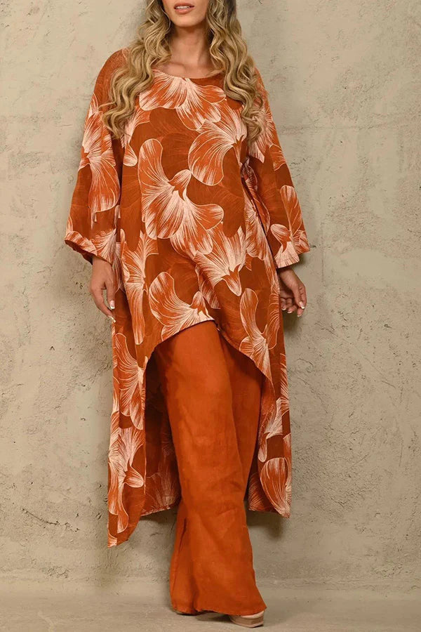 Exquisite Print Crew Neck Paneled Pant Suit