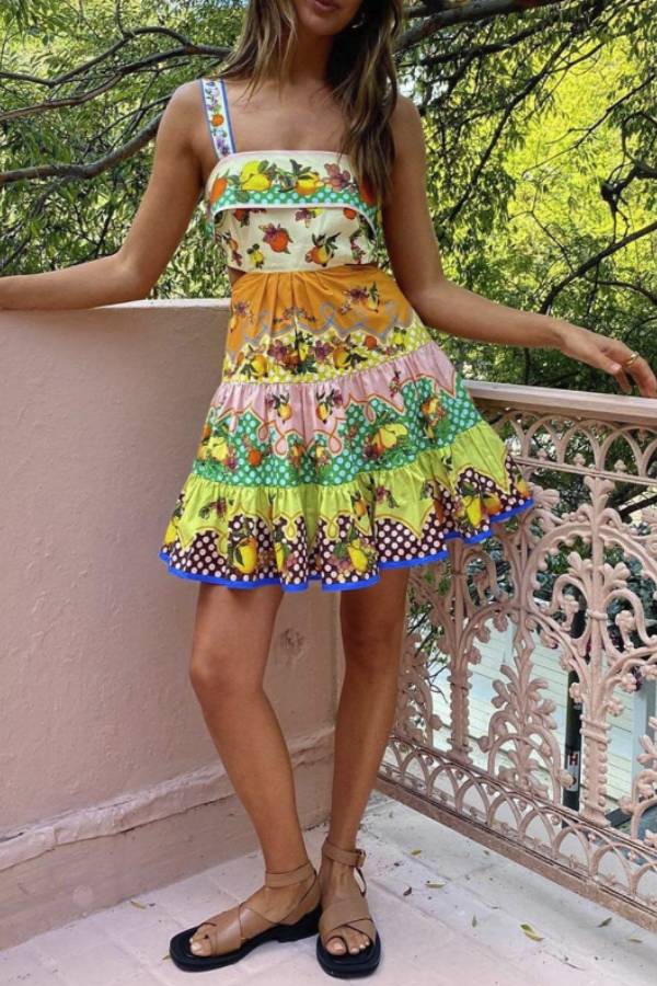 Summer Multicolorlemon Preated Hem Mini Dress