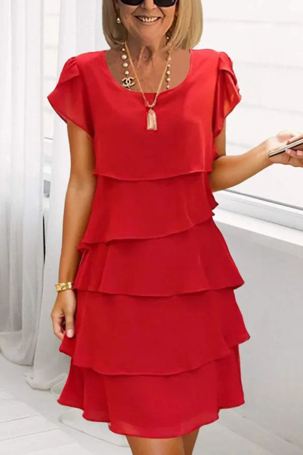Color Round Neck Short Sleeve Multi-layered Mini Dress
