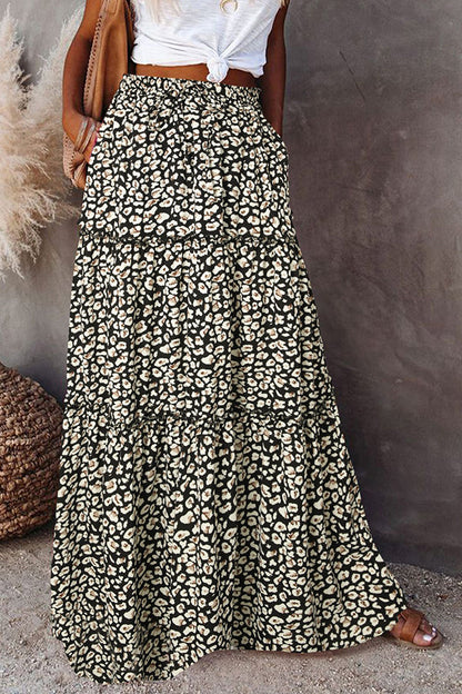 Print Stretch Elastic Waist Pocket High Waist Skirt