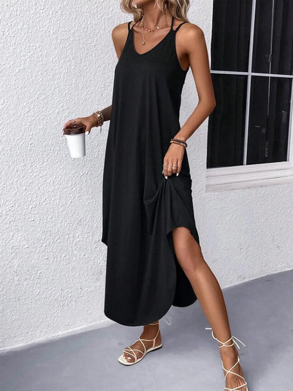Loose Color Spaghetti-neck Maxi Dresses