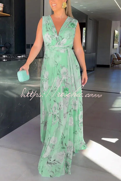 Print V-neck Lace-up Maxi Dress