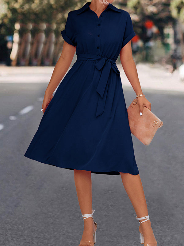 A-line High Waisted Buttoned Color Tied Waist Lapel Collar Midi Dresses Shirt Dress