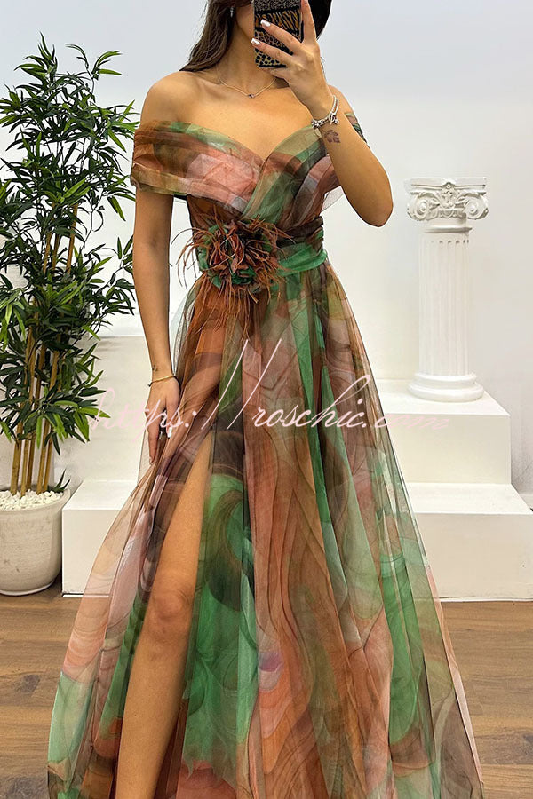 Jinnie Tulle Feather Pendant Pleated Off Shoulder Slit Maxi Dress