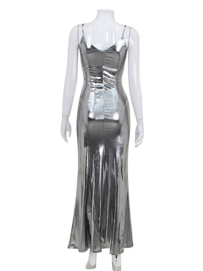 Sleeveless Shiny Color Split-joint Spaghetti-neck Maxi Dresses