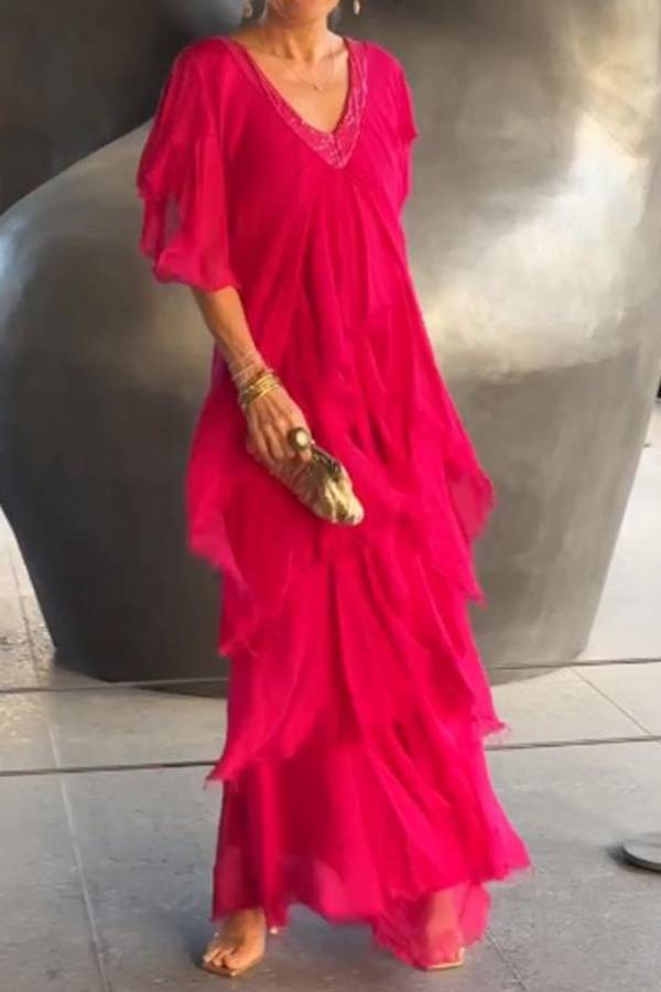 V-neck Fashionable Cake Long Dress