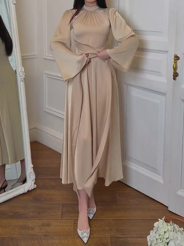 Long Sleeves Loose Pleated Color Tied Waist Mock Neck Maxi Dresses