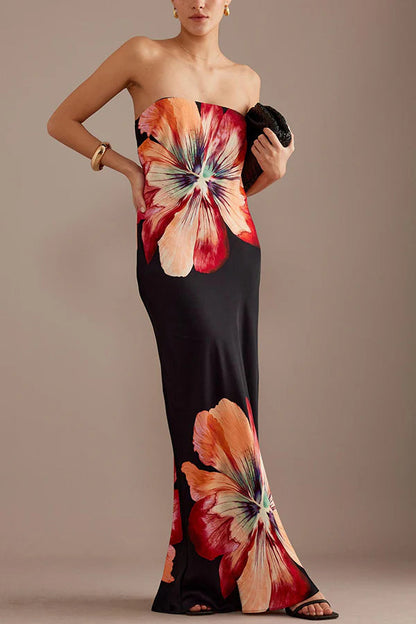 Charming Lady Satin Print Bandeau Loose Maxi Dress