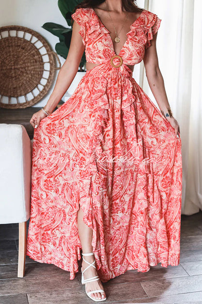 Boldest Bloom Printed Ruffle Sleeve Cutout Maxi Dress