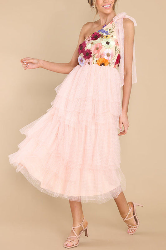 Midnight Garden Embroidered Applique One Shoulder Tiered Tulle Midi Dress