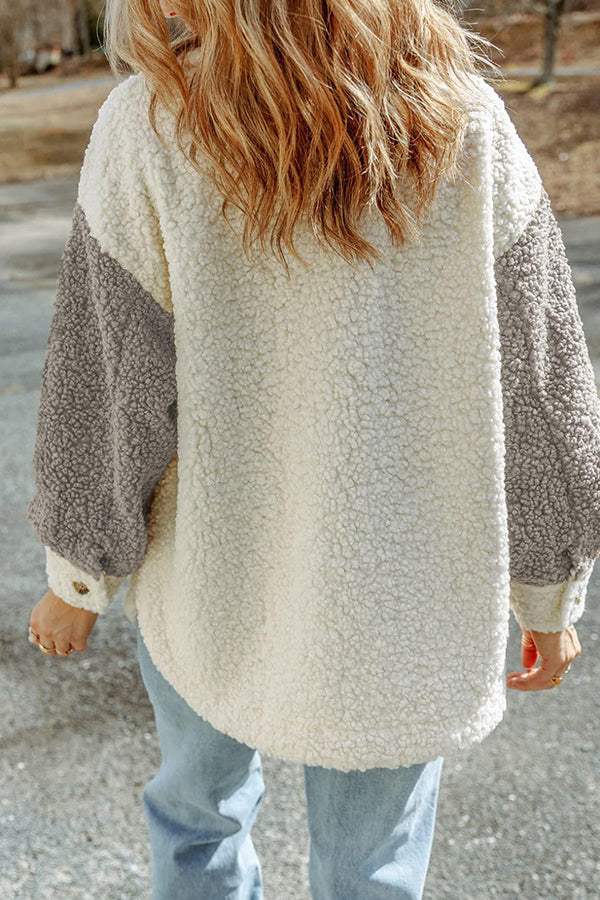 Autumn and Winter Long-sleeved Double-pocket Color-block Loose Fur Coat
