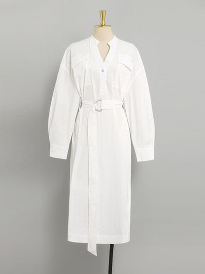 Long Sleeves Loose See-through Split-joint Split-side Tied Waist V-neck Midi Dresses Shirt Dress