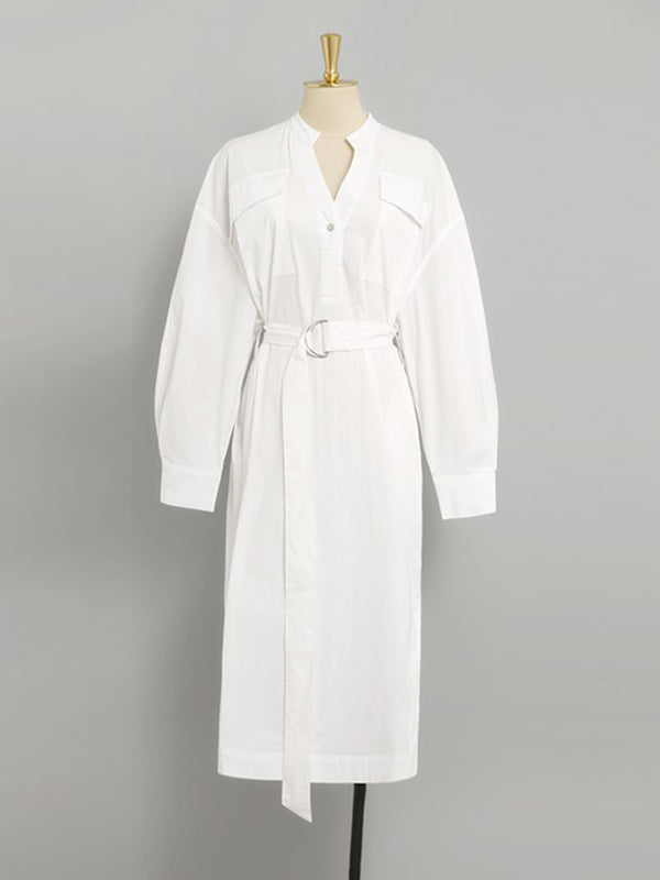 Long Sleeves Loose See-through Split-joint Split-side Tied Waist V-neck Midi Dresses Shirt Dress